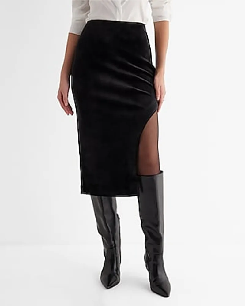 Super High Waisted Velvet Side Cutout Midi Skirt