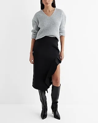 Super High Waisted Satin Ruffle Side Slit Midi Skirt