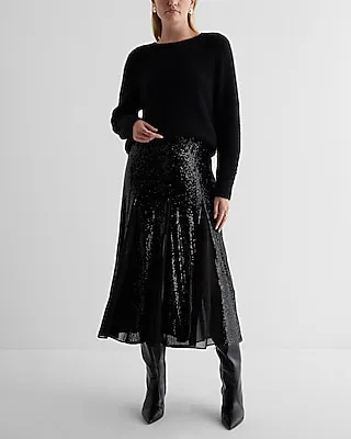 High Waisted Sequin Pleated Midi Skirt