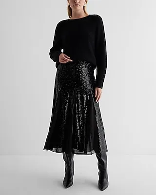 High Waisted Sequin Pleated Midi Skirt Black Women's S