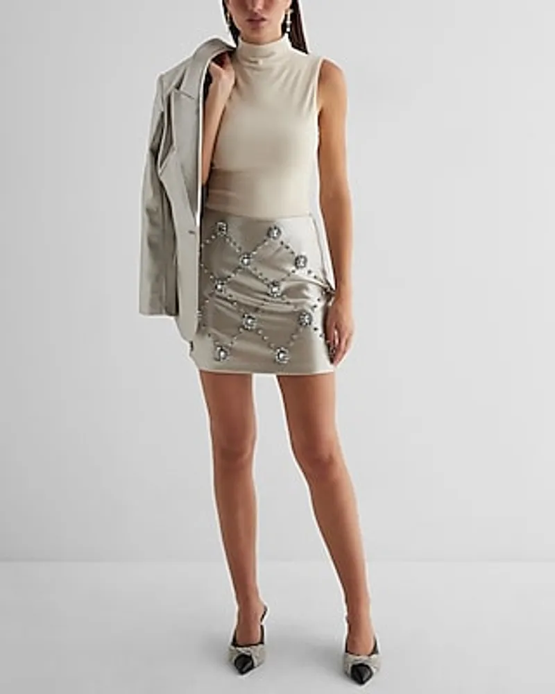 High Waisted Metallic Embellished Rhinestone Mini Skirt