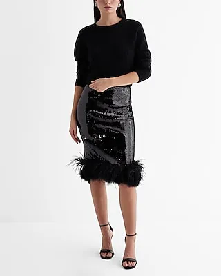 Mid Rise Sequin Feather Hem Midi Pencil Skirt Black Women's S