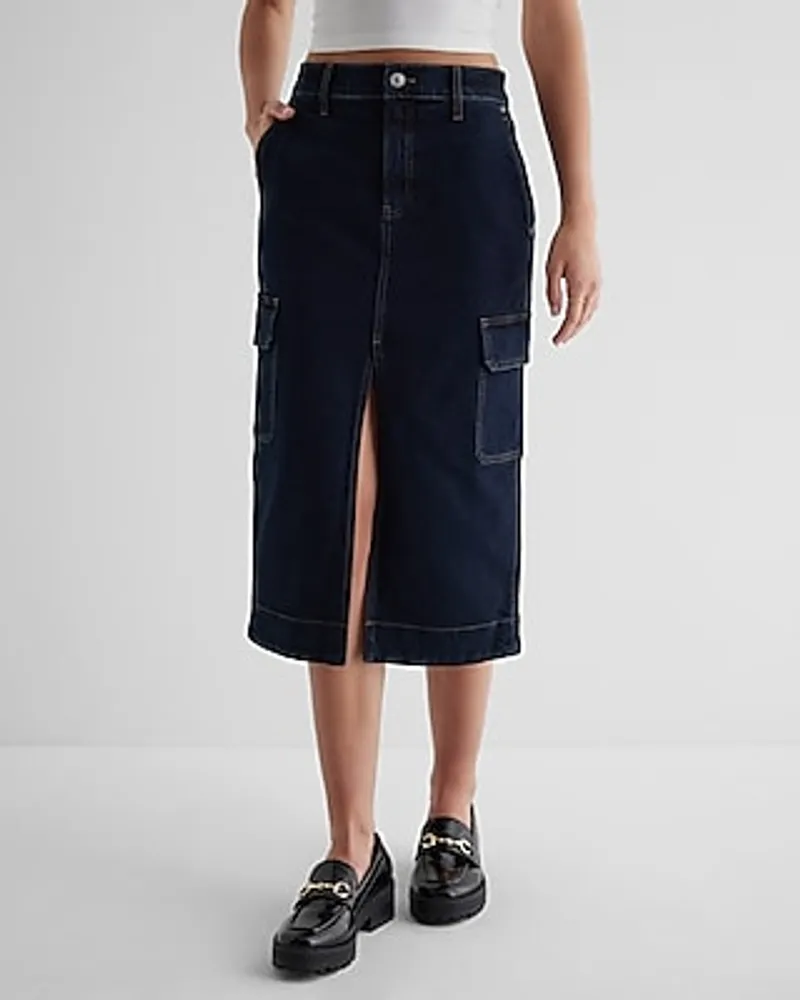 High Waisted Cargo Front Slit Midi Denim Skirt Blue Women's 4