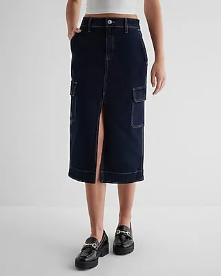 High Waisted Cargo Front Slit Midi Denim Skirt Blue Women's