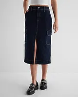 High Waisted Cargo Front Slit Midi Denim Skirt Blue Women's 0