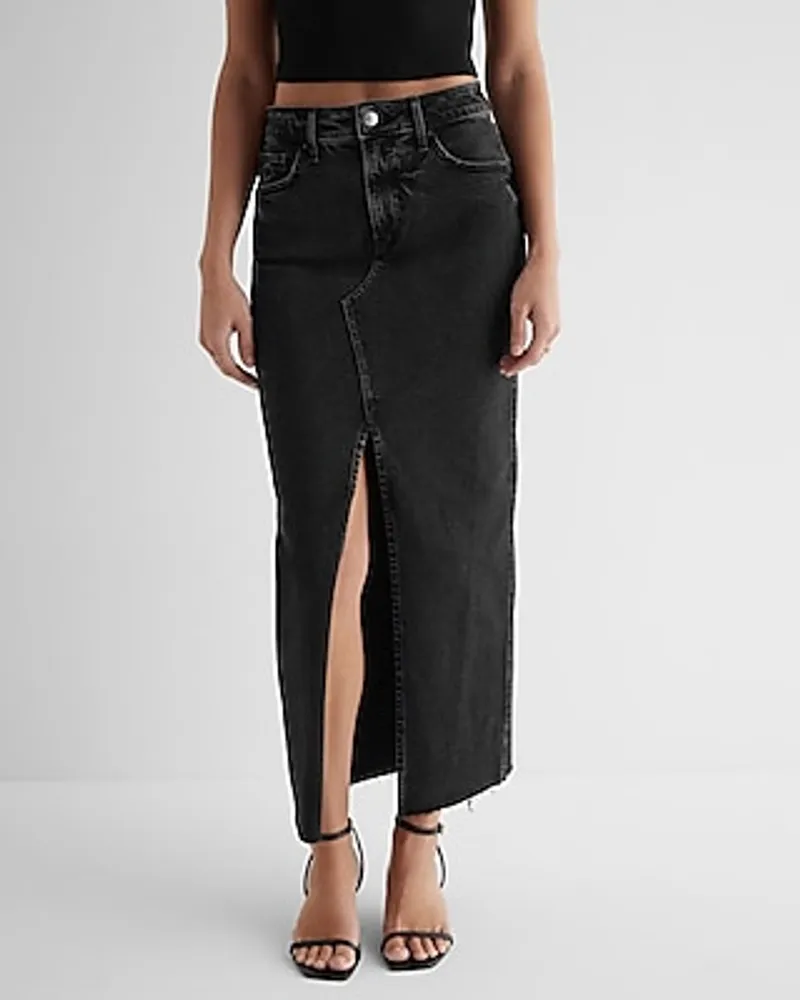 High Waisted Black Raw Hem Front Slit Maxi Denim Skirt