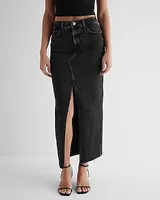 High Waisted Black Raw Hem Front Slit Maxi Denim Skirt Black Women's 14