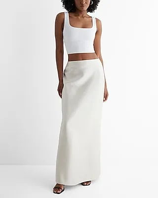 Satin High Waisted Back Fold Maxi Skirt White Women's XL