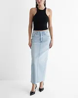 High Waisted Raw Hem Back Slit Maxi Denim Skirt Blue Women's 16