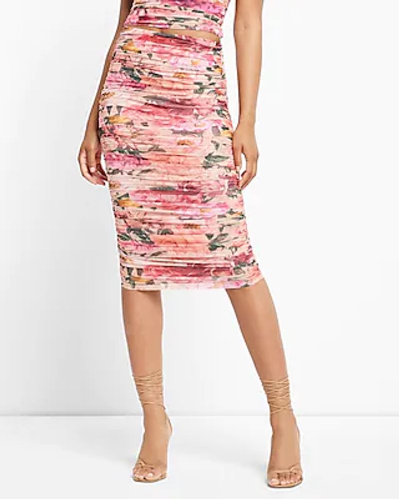 Express Body Contour Floral Mesh Ruched Midi Skirt With Built-In Shapewear  Multi-Color Women's XS