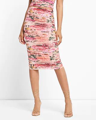 Bodycon Floral Mesh Ruched Midi Skirt With Built-In Shapewear Multi-Color Women's