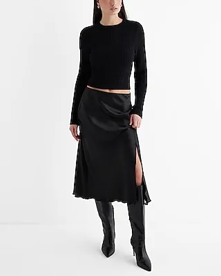 High Waisted Satin Side Slit Midi Skirt Black Women's XL