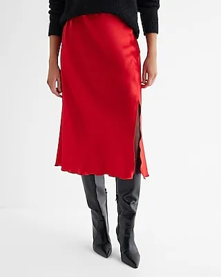 High Waisted Satin Side Slit Midi Skirt Red Women's XS