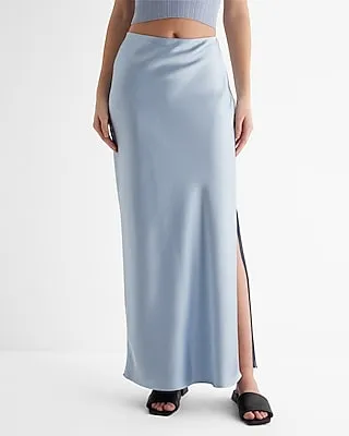 High Waisted Satin Side Slit Maxi Skirt Blue Women's XL