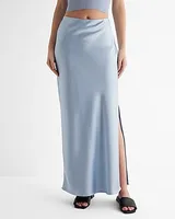 High Waisted Satin Side Slit Maxi Skirt Blue Women's