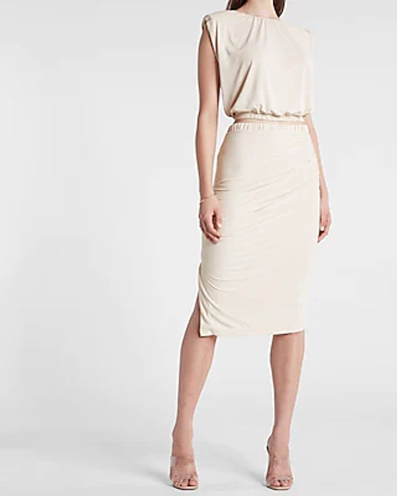 Silky Sueded Jersey High Waisted Ruched Pencil Skirt