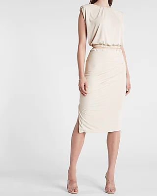 Silky Sueded Jersey High Waisted Ruched Pencil Skirt Neutral Women's S