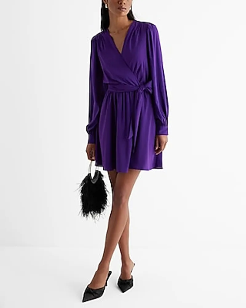 Cocktail & Party Satin V-Neck Long Sleeve Tie Waist Mini Dress Purple Women's S