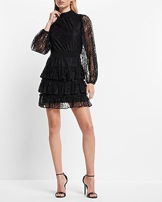 Cocktail & Party Lace Mock Neck Long Sleeve Tiered Ruffle Dress Black Women's S