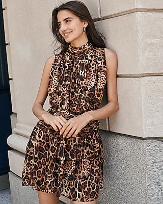 Cocktail & Party Leopard Print Mock Neck Ruched Waist Tiered Mini Dress