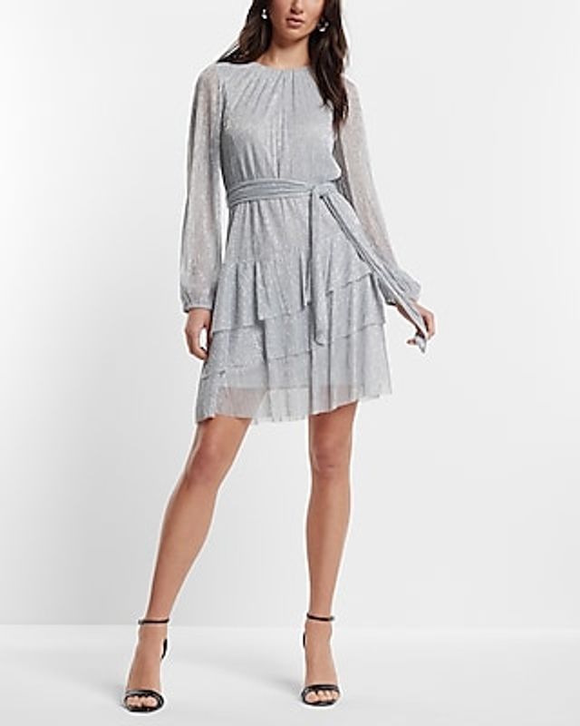 Express  Metallic Long Sleeve Tie Waist Tiered Ruffle Mini Dress