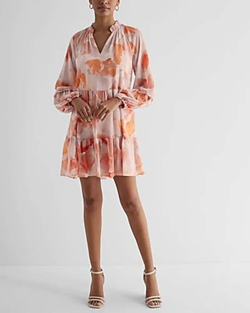 Casual Floral Ruffle Neck Tiered Mini Tunic Shift Dress