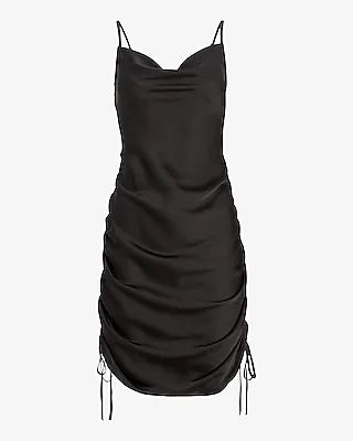 Cocktail & Party Cowl Neck Ruched Side Tie Mini Slip Dress Black Women's XS
