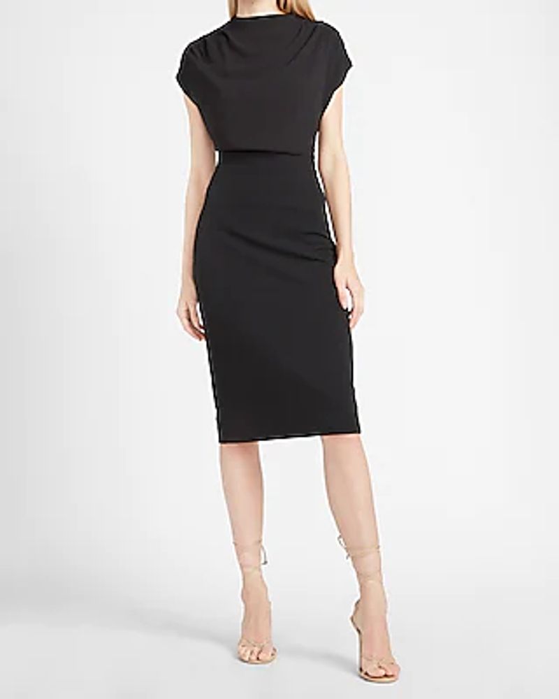 Work Draped Mock Neck Midi Dress Black Women's XS