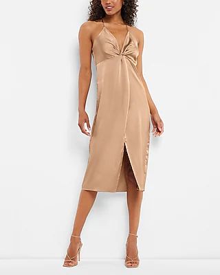 Cocktail & Party Satin Twist Front Slip Dress Brown Women's