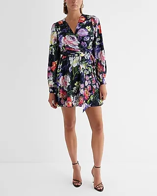 Date Night,Cocktail & Party Floral V-Neck Long Sleeve Tie Waist Mini Dress Multi-Color Women's XS