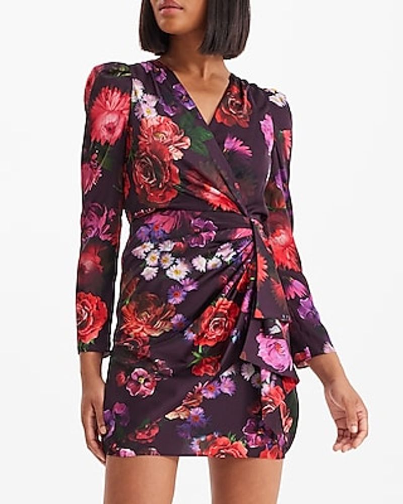 Cocktail & Party Satin Floral V-Neck Puff Sleeve Ruffle Mini Dress