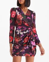 Cocktail & Party Satin Floral V-Neck Puff Sleeve Ruffle Mini Dress Red Women's 0