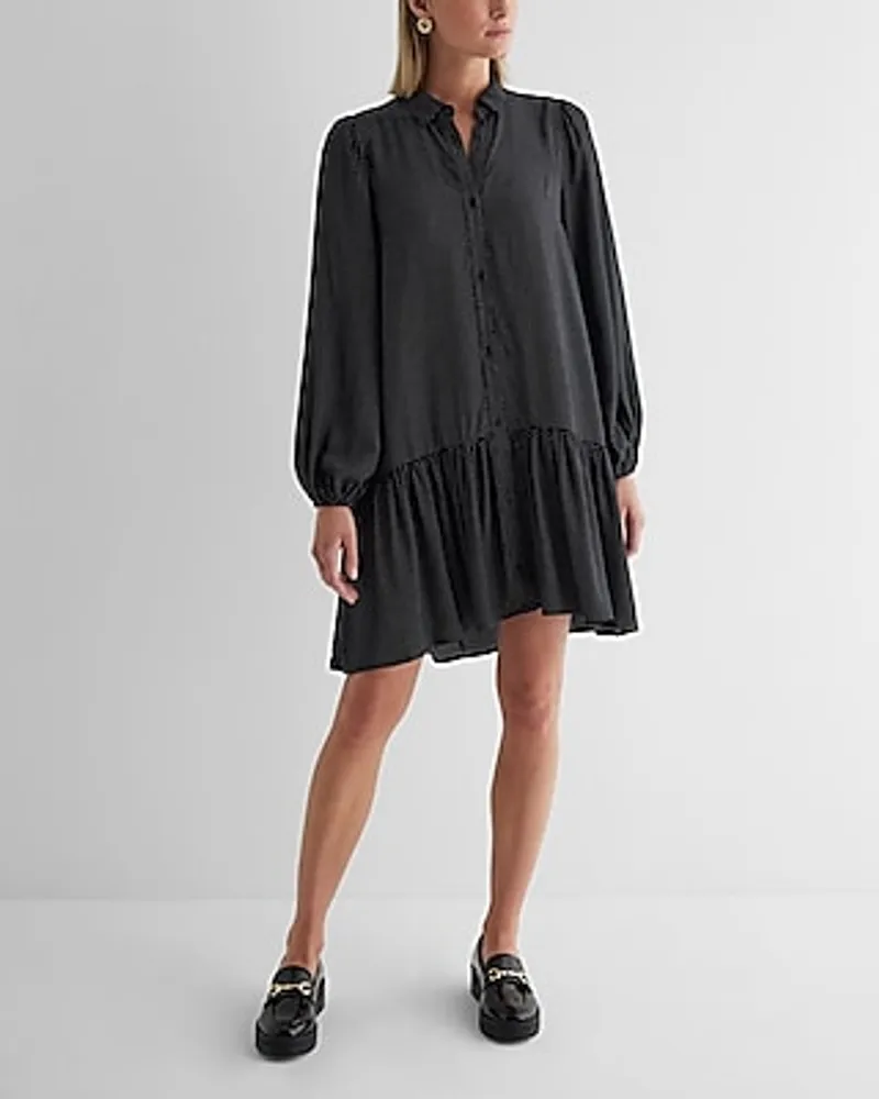 Casual Polka Dot Ruffle Hem Oversized Mini Shirt Dress Black Women's M