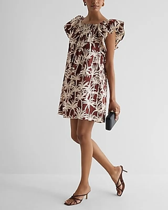 Express Casual Printed Square Neck Flutter Sleeve Poplin Mini Tunic Shift  Dress Multi-Color Women's at Hamilton Place in Chattanooga, TN