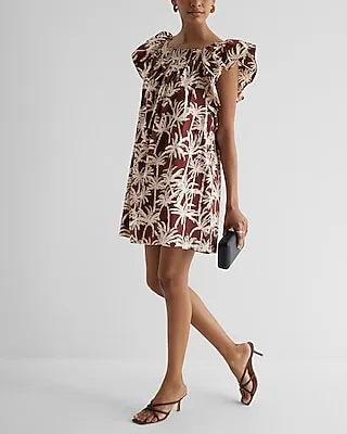 Casual Printed Square Neck Flutter Sleeve Poplin Mini Tunic Shift Dress