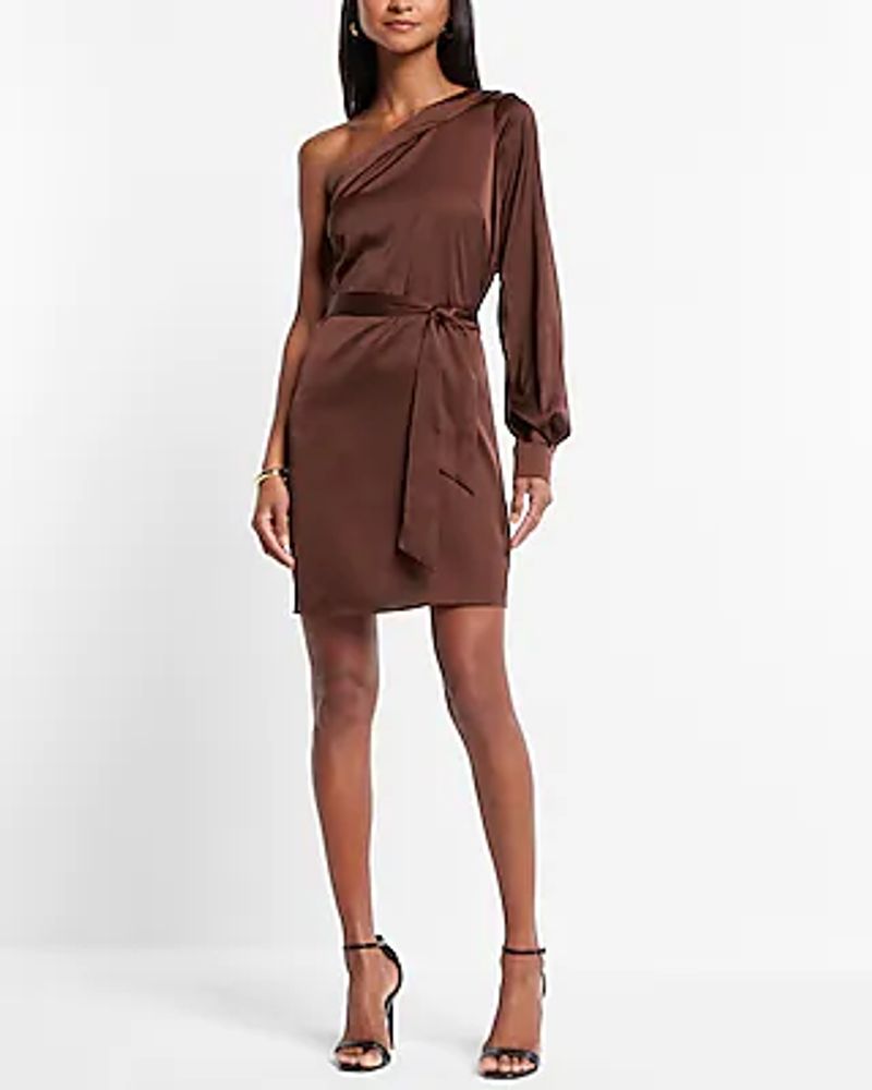 Cocktail & Party Satin One Shoulder Tie Waist Mini Dress Brown Women's XS