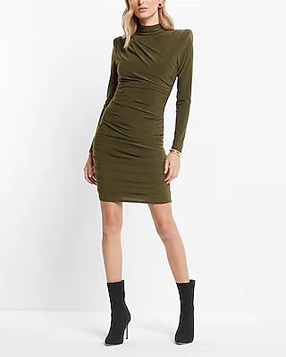 Cocktail & Party Ruched Mock Neck Strong Shoulder Back Cutout Mini Dress Green Women's S