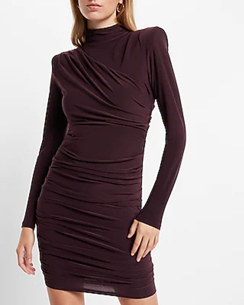 Cocktail & Party Ruched Mock Neck Strong Shoulder Back Cutout Mini Dress Purple Women's S