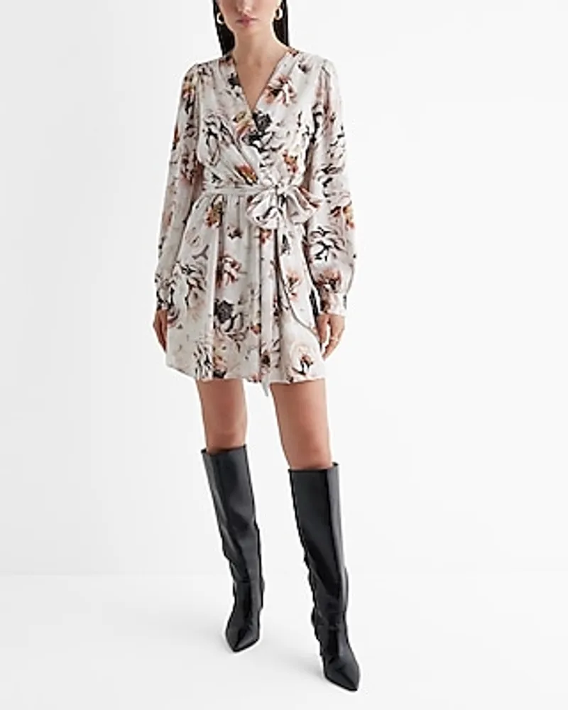 Express Cocktail & Party,Date Night Floral Surplice Long Sleeve Tie Waist  Mini Dress