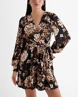 Date Night Floral Surplice Long Sleeve Tie Waist Mini Dress