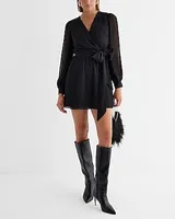 Cocktail & Party Textured V-Neck Long Sleeve Tie Waist Mini Dress Black Women's L