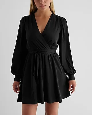 Work,Date Night Satin Long Sleeve Tie Waist Mini Dress Women's