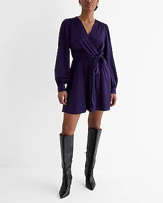 Work,Date Night Satin Long Sleeve Tie Waist Mini Dress Purple Women's S