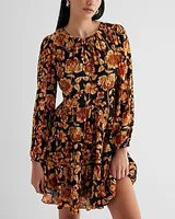 Casual Floral Crew Neck Long Sleeve Mini Tunic Shift Dress