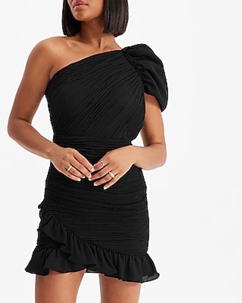 Cocktail & Party One Puff Shoulder Ruched Ruffle Mini Dress