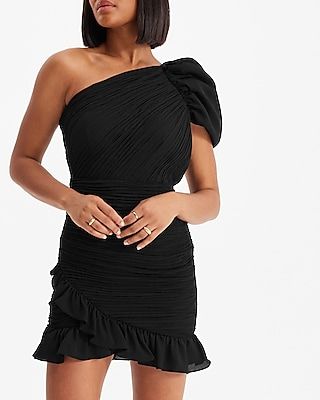 Cocktail & Party One Puff Shoulder Ruched Ruffle Mini Dress