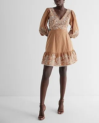 Casual Embroidered Eyelet V-Neck Tie Back Poplin Mini Dress