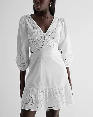 Casual Embroidered Eyelet V-Neck Tie Back Poplin Mini Dress White Women's L