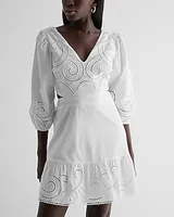 Casual Embroidered Eyelet V-Neck Tie Back Poplin Mini Dress White Women's L