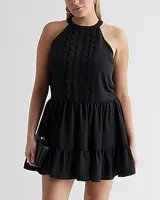 Casual Halter Neck Scalloped Front Mini Tunic Shift Dress Black Women